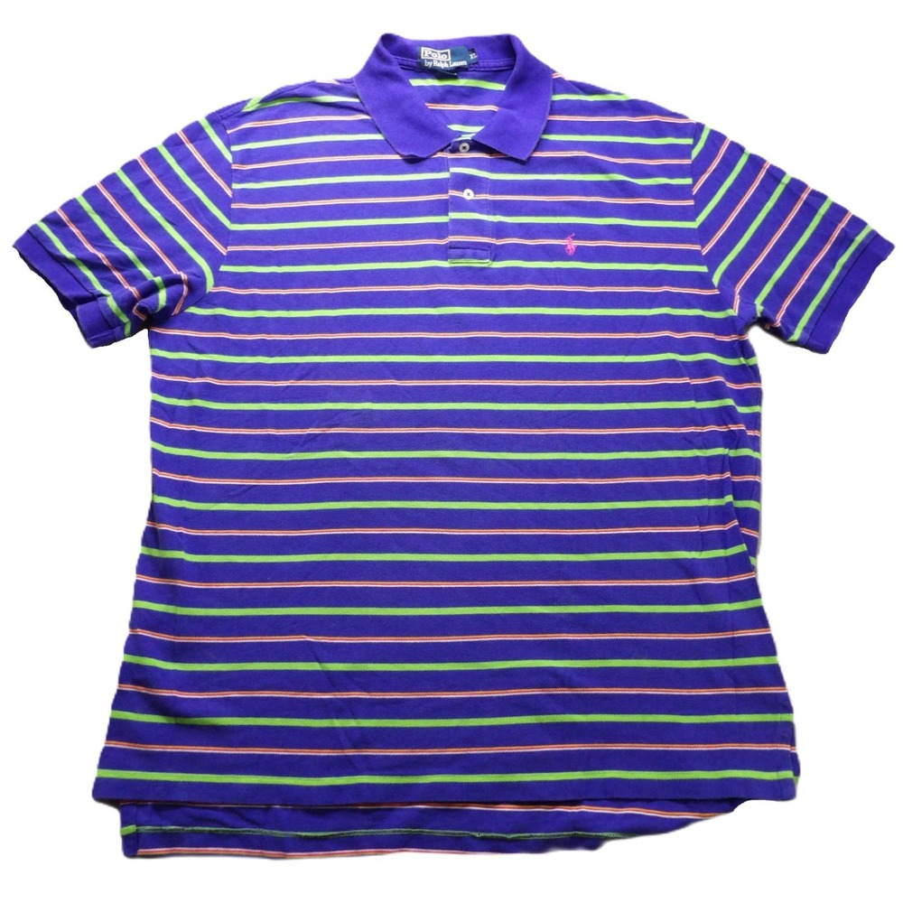 VTG 90s Polo Ralph Lauren Men XL Purple Striped Short Sleeve Cotton Shirt Casual